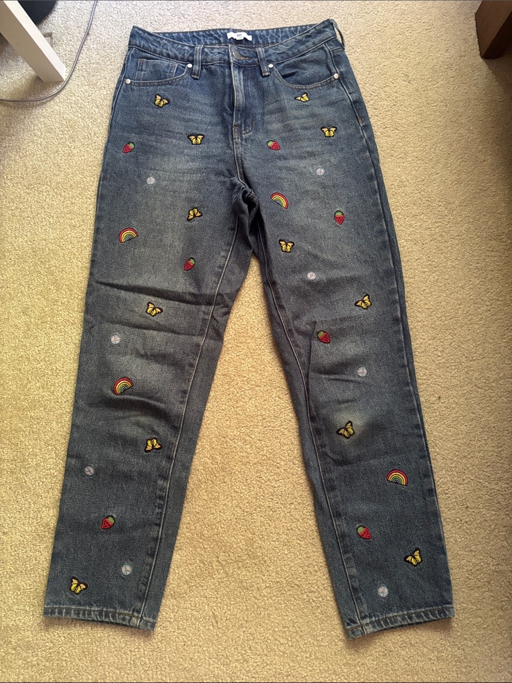 bp Dark Blue Embroidered Boyfriend Jeans with Rainbows & Butterflies